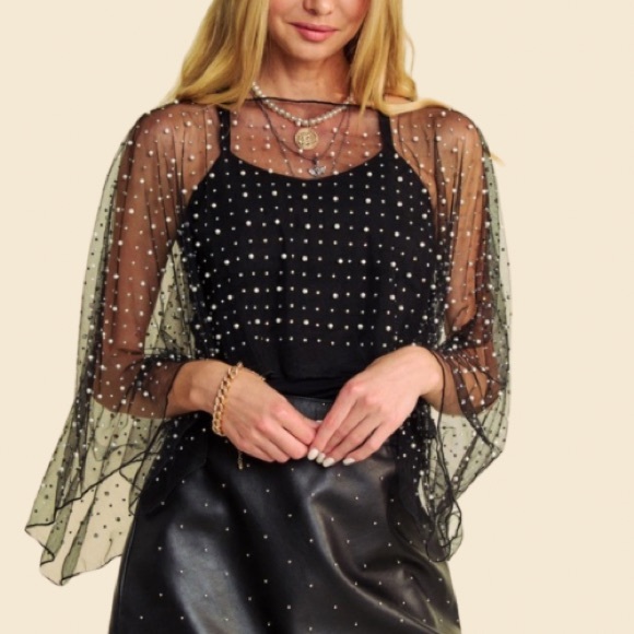 NEW TRENDING SO PRETTY PEARL RHINE STONE EMBELLISHED MESH TOPPER CAPE - Picture 2 of 7